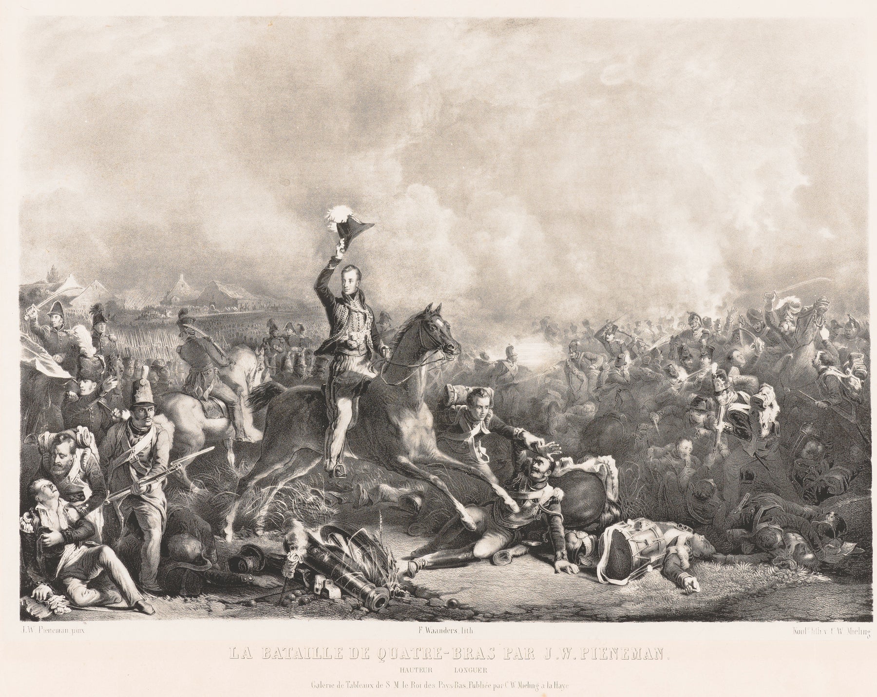 Historical lithograph depicting the Prince of Orange during the Battle of Quatre Bras, 16 June 1815