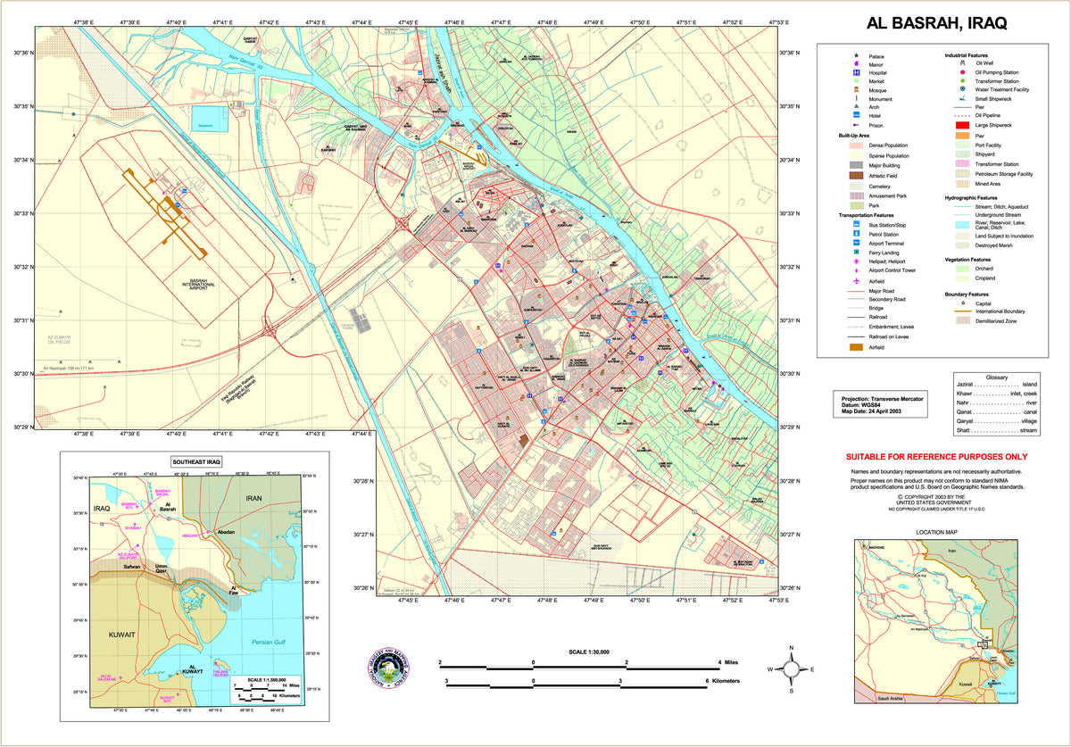 Map of Basra in 2003 showing the urban area around British positions including Basra Palace