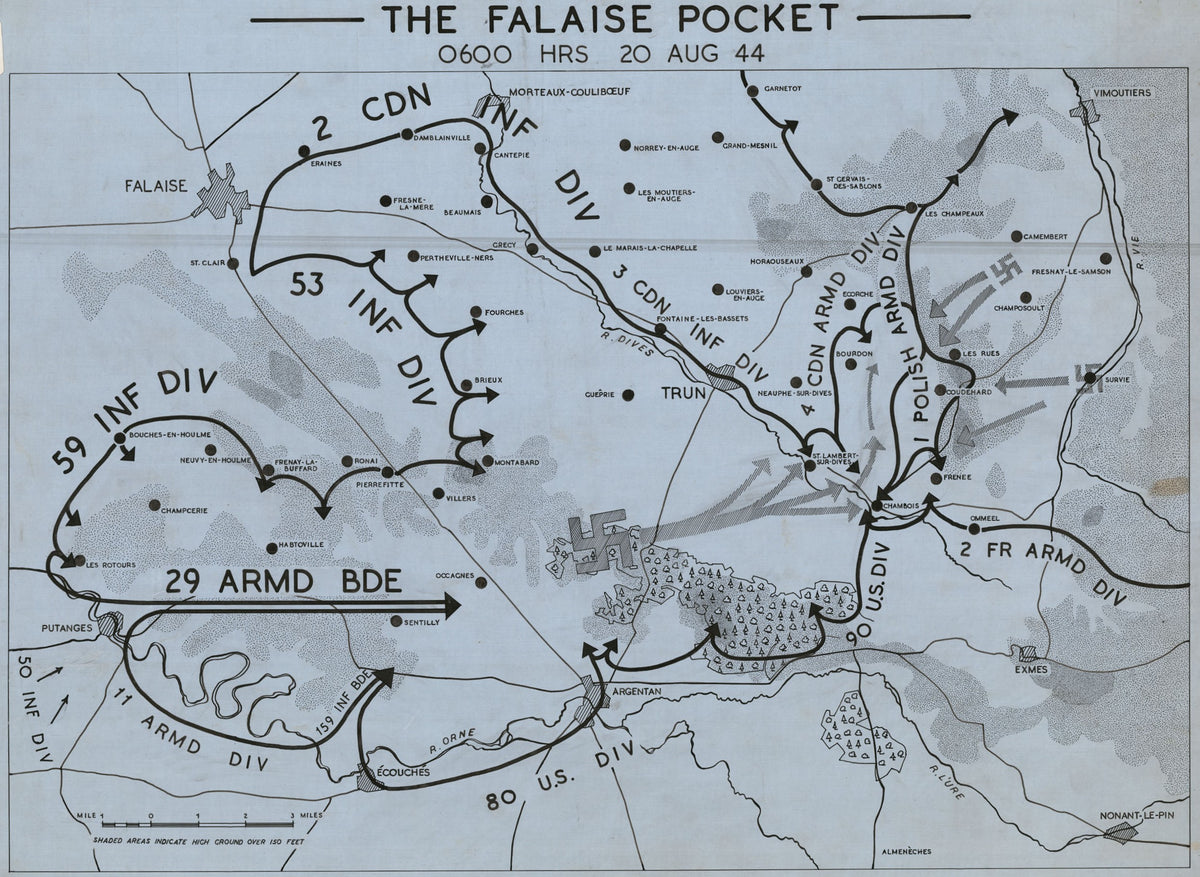 Map of the Falaise Pocket at 06:00 on 20 August 1944 showing the closing Allied encirclement