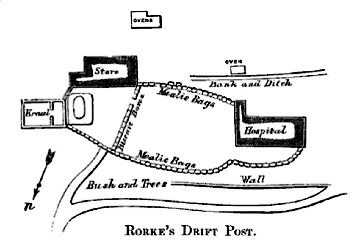 Rorke’s Drift Battlefield map showing the 1879 mission station, hospital, storehouse, kraal and defensive layout