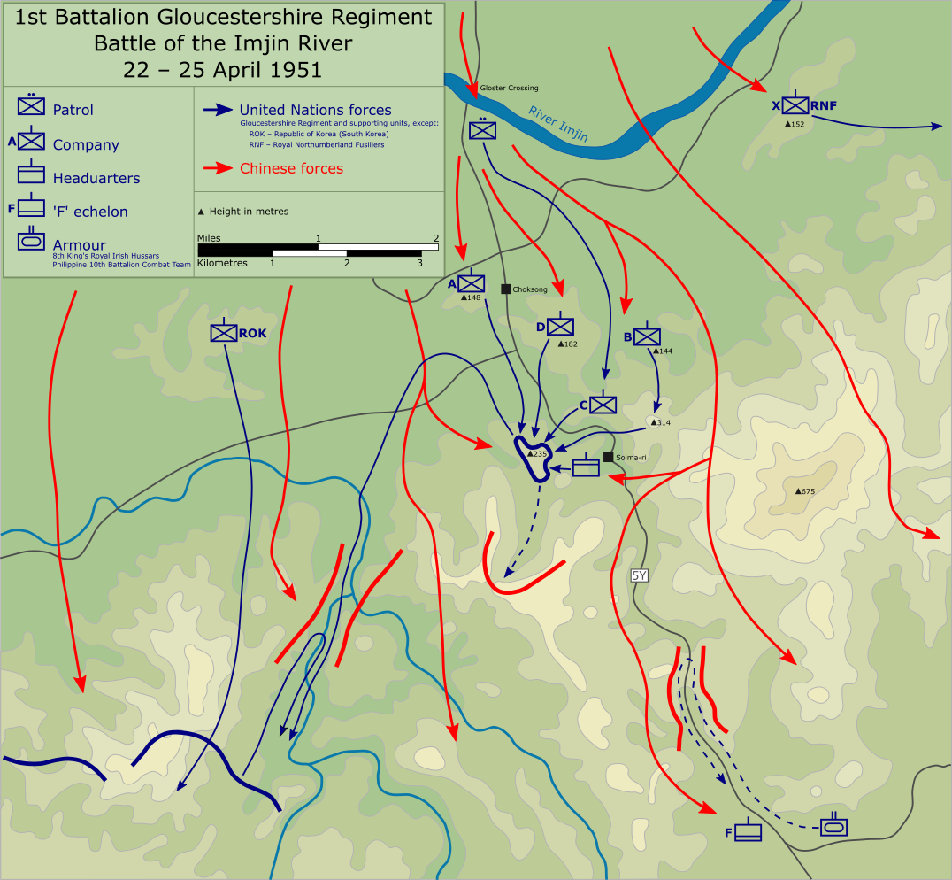 Battle of the Imjin River 1951 tactical map showing Gloster positions and Chinese advances