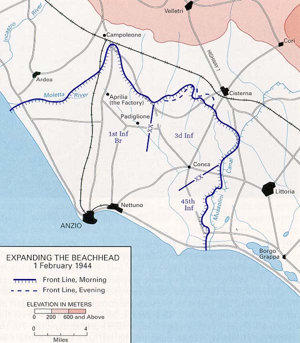 US Army map of the Anzio beachhead on 1 February 1944