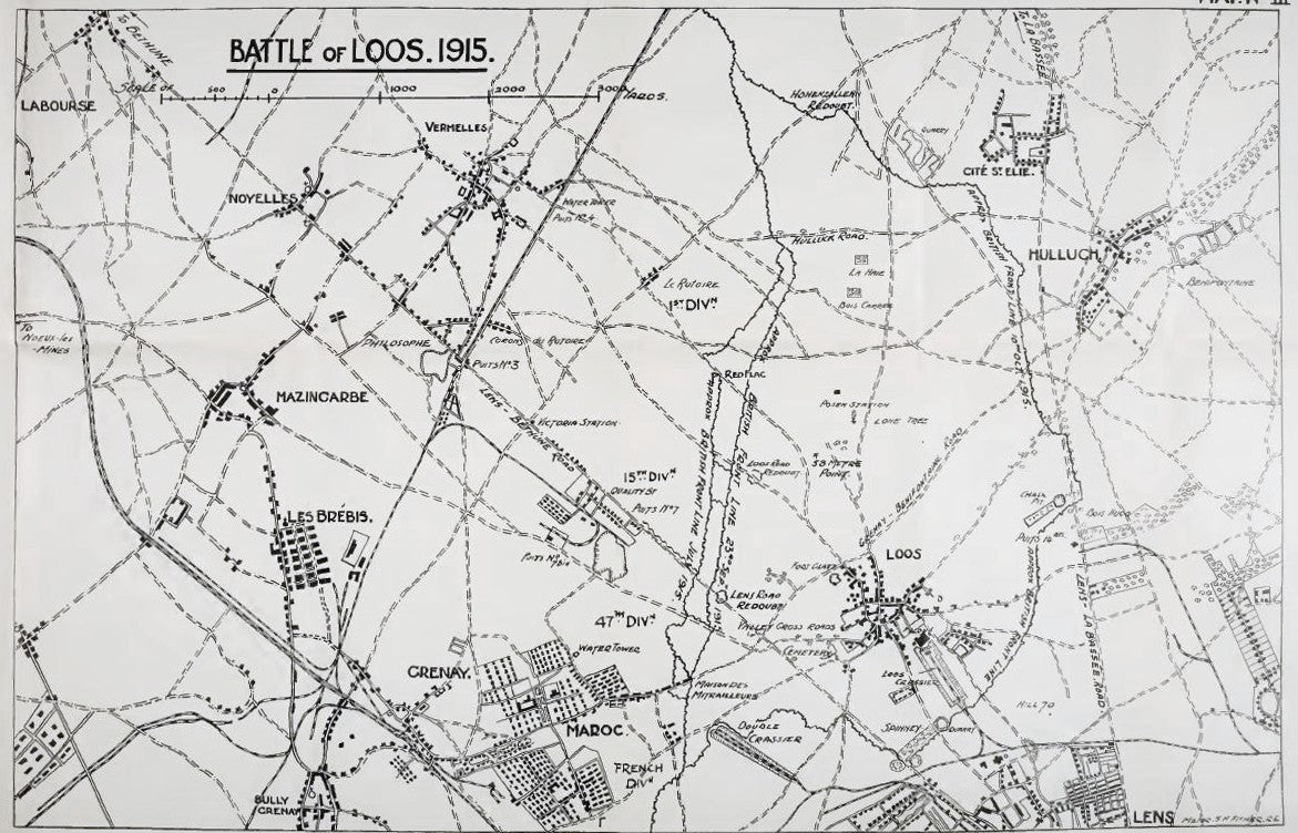 Map of the Battle of Loos in 1915 showing the British and German positions
