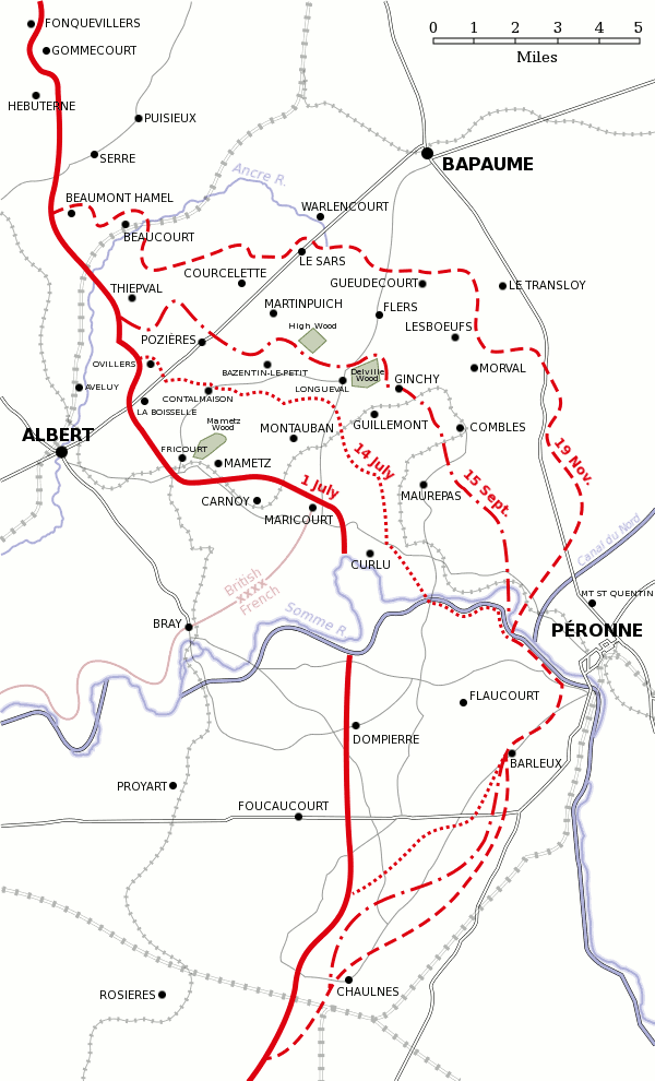 Map of the Battle of the Somme in 1916 showing the changing front line between July and November
