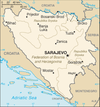 Map of Bosnia and Herzegovina, where IFOR deployed after the 1995 Dayton Peace Agreement