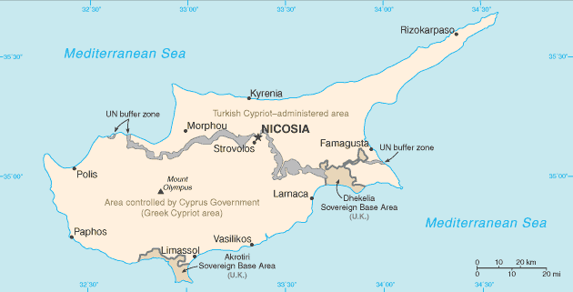 Map of Cyprus showing the island where the 1955–1959 Emergency was fought