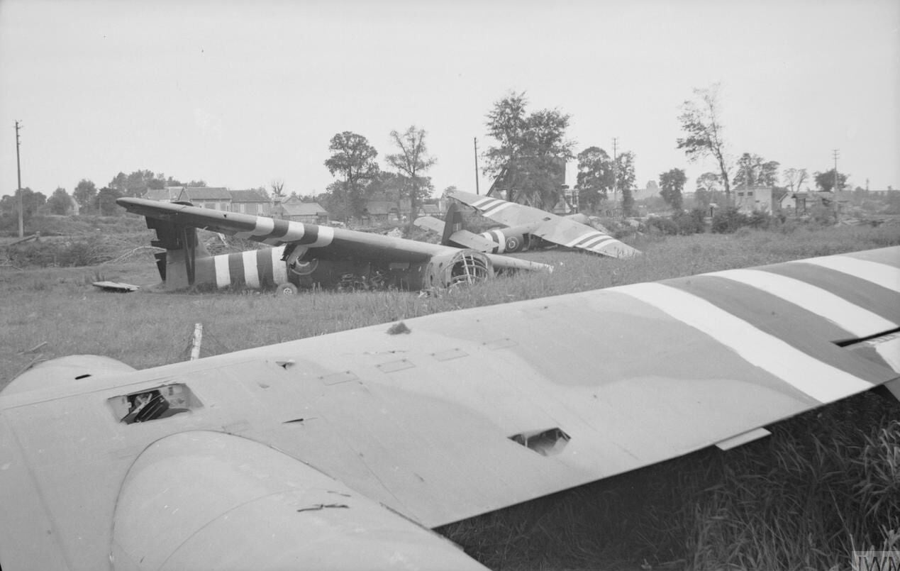 Horsa gliders beside the Caen Canal bridge after the Pegasus Bridge coup de main