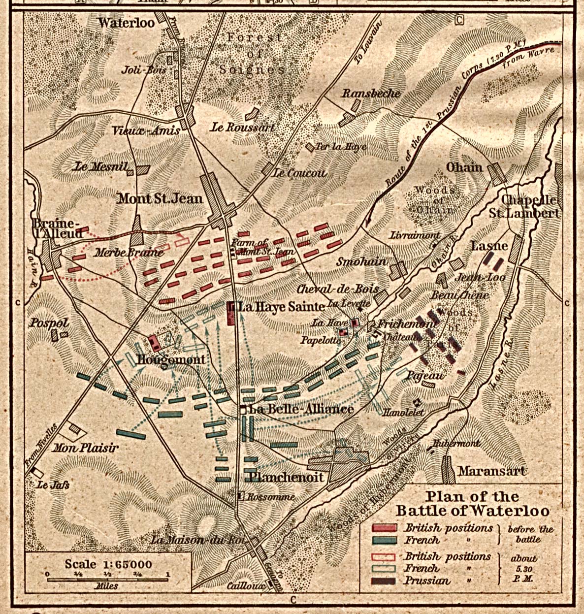 Historical plan of the Battle of Waterloo showing the battlefield around Mont-Saint-Jean on 18 June 1815