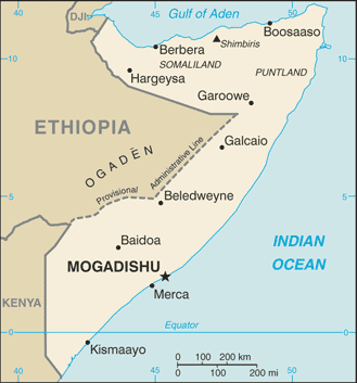 Map of Somalia showing major towns and the setting for the British training mission