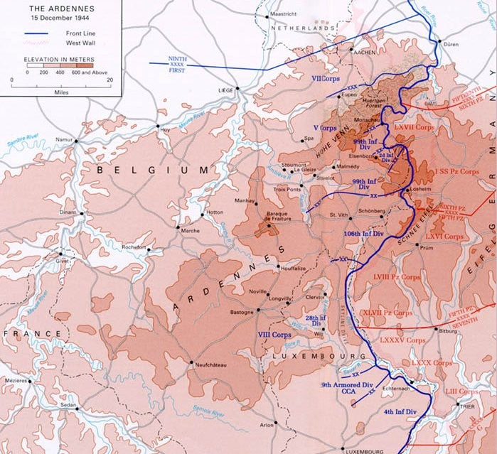 US Army map of the Ardennes immediately before the German offensive that became the Battle of the Bulge