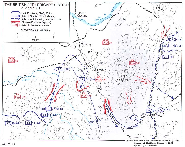 Map of the British 29th Brigade sector during the Battle of the Imjin River, 25 April 1951