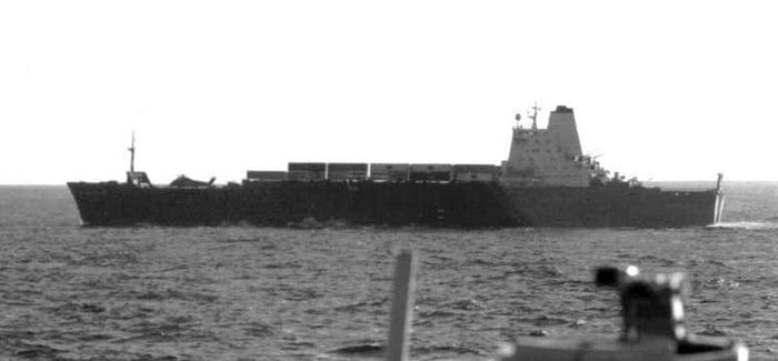 Atlantic Conveyor approaching the Falklands in May 1982