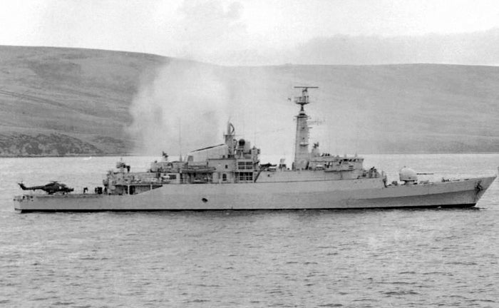 HMS Antelope F170 returning to San Carlos Water on 23 May 1982