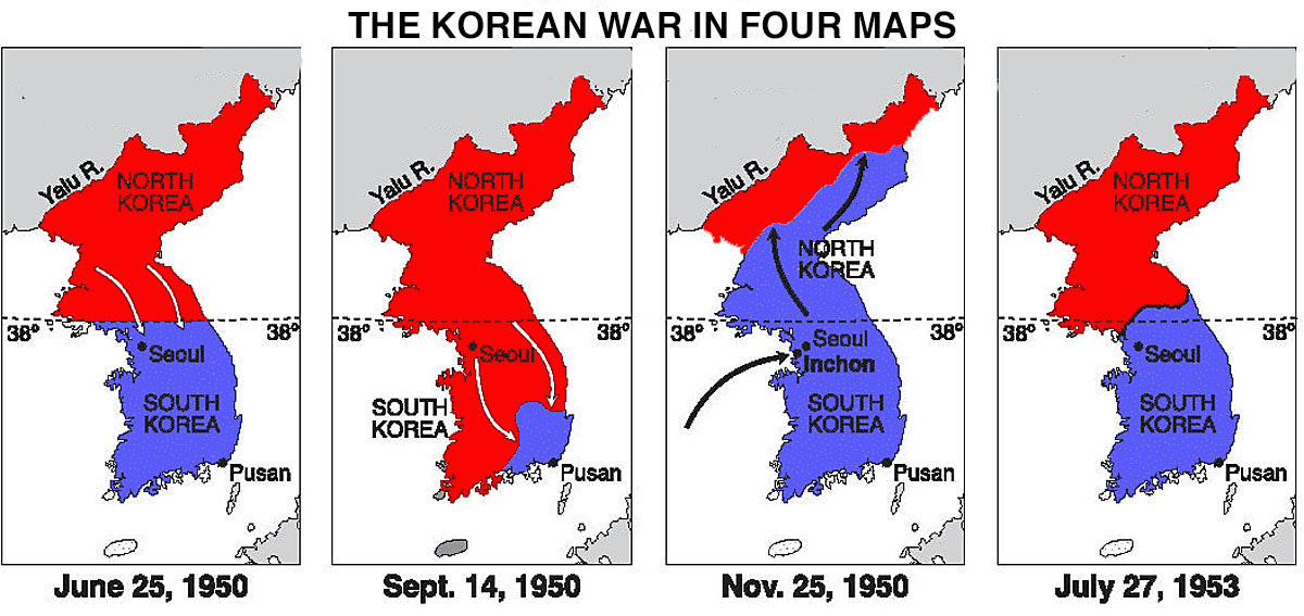 The Korean War 1950–1953 shown in four campaign maps