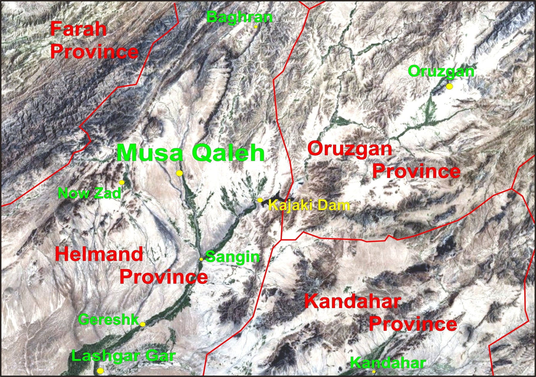 Aerial map of northwest Helmand Province showing Musa Qala and Lashkar Gah, December 2007