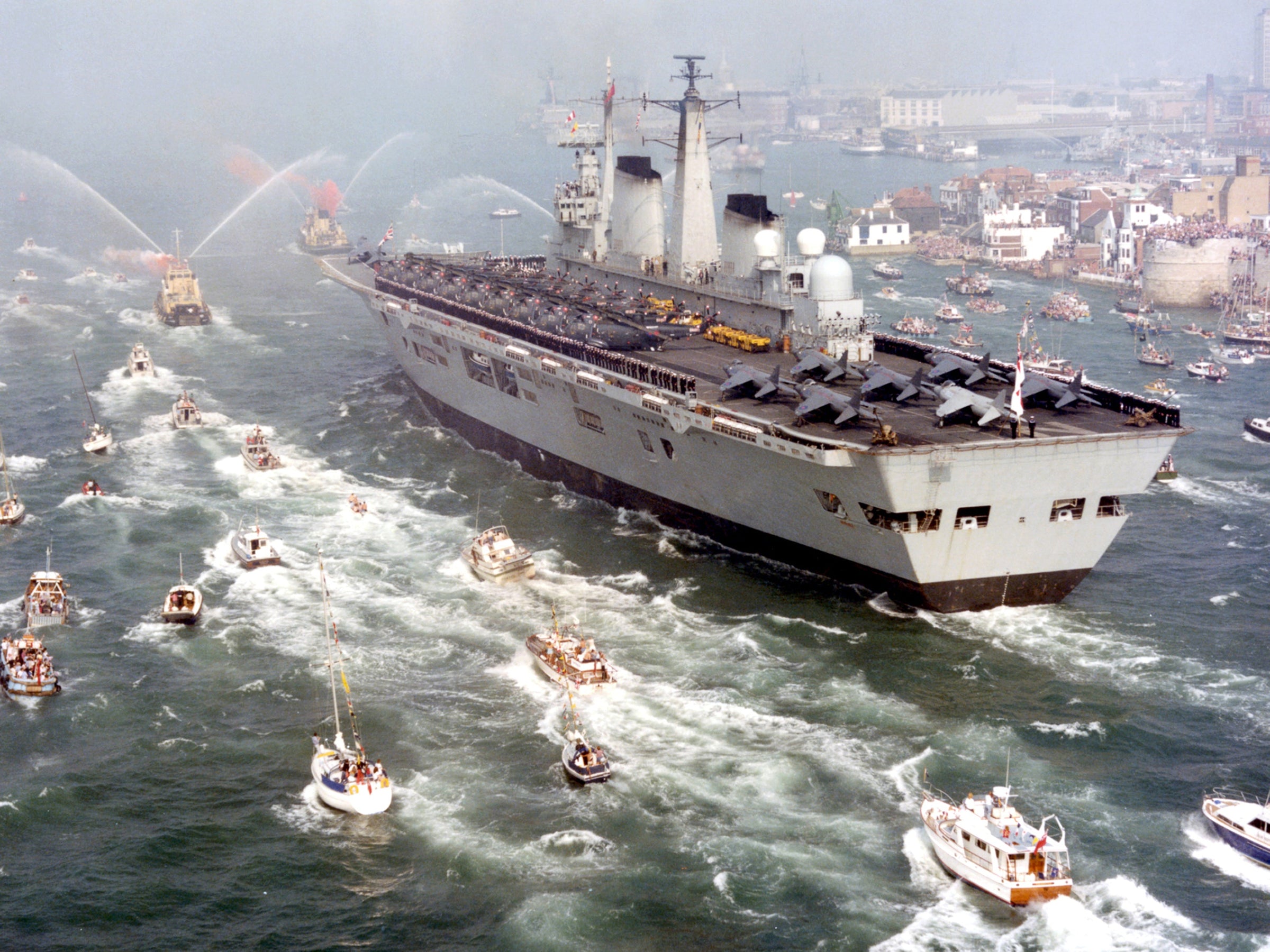 HMS Invincible returning from the Falklands with Sea Harrier aircraft on deck, September 1982