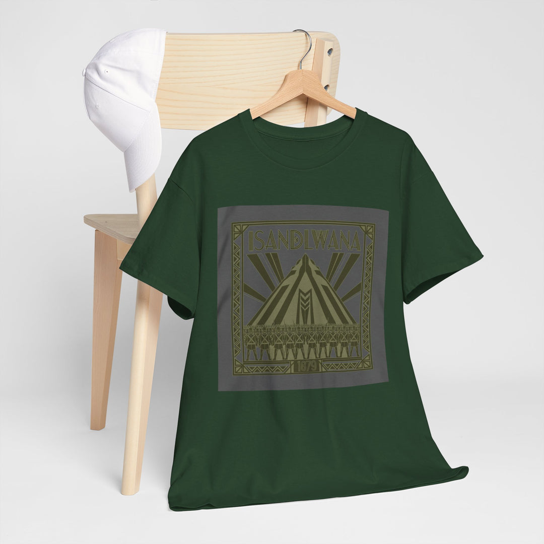 Isandlwana Festival Tee featuring bold “M” pyramid graphic. Outdoor music shirt inspired by iconic landscape vibes.