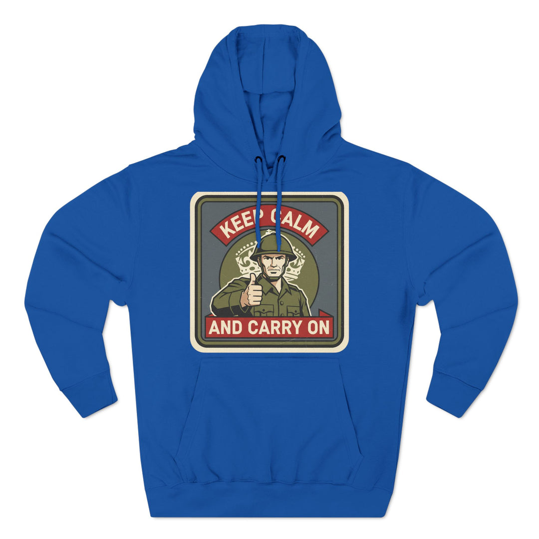 Blue WWII "Keep Calm and Carry On" hoodie by S&amp;W Gallus, featuring a vintage military illustration and drawstring hood.