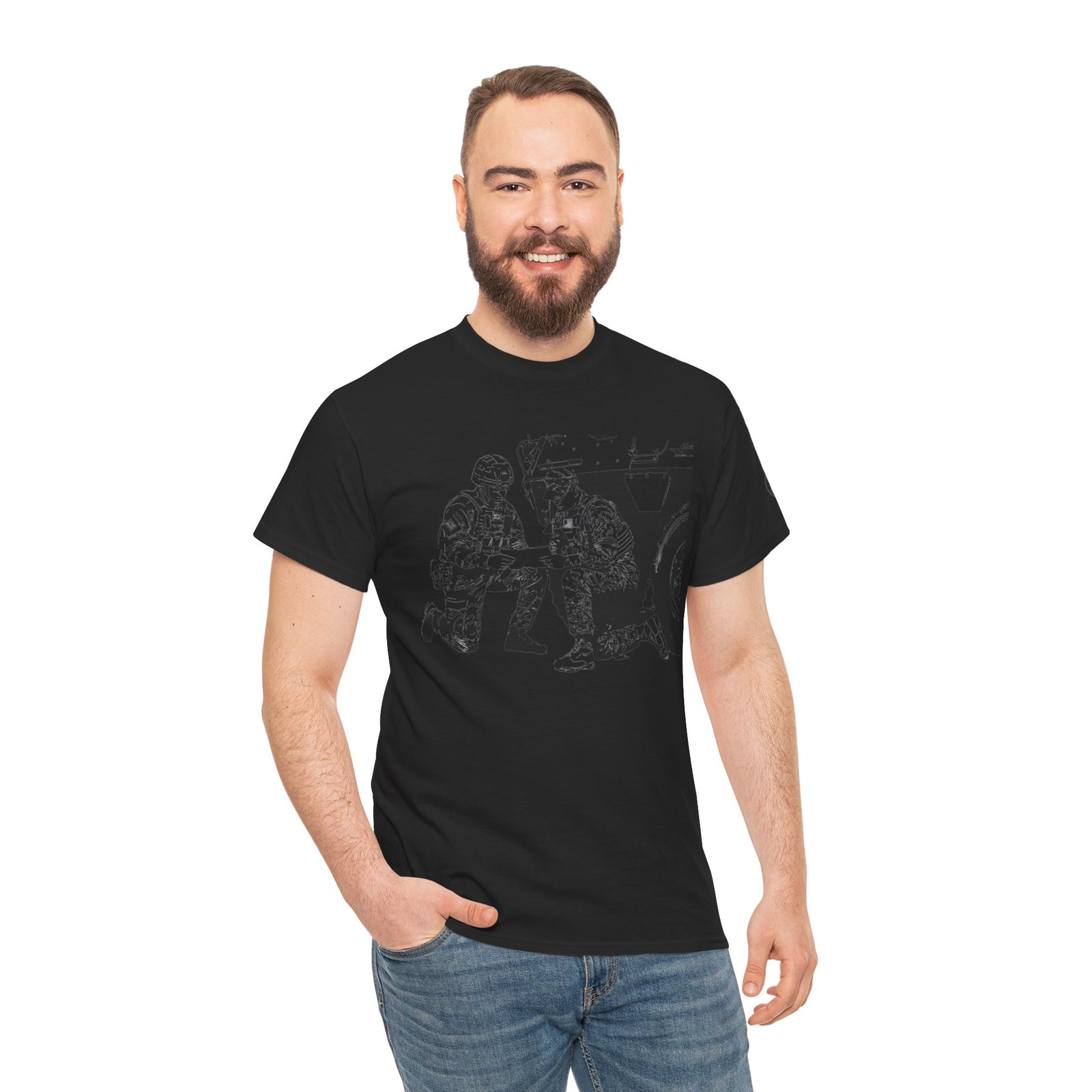 Black t-shirt by S&W Gallus with United Kingdom and United States patriotic graphic, worn with blue jeans.