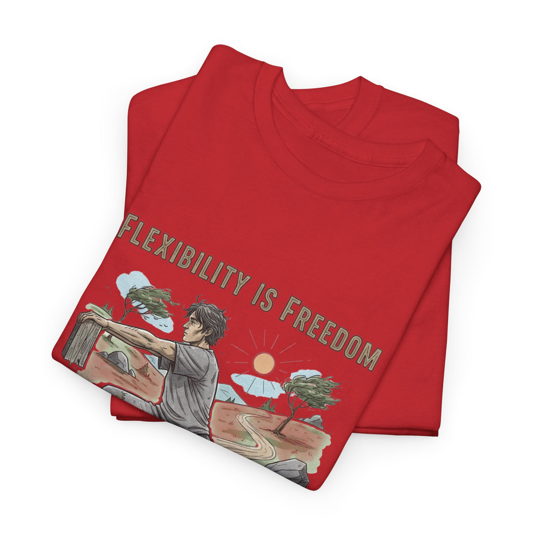 Flexibility Is Freedom Tee – soft, breathable cotton featuring a motivational design. Perfect for yoga, Pilates, stretching, or casual active lifestyle wear.