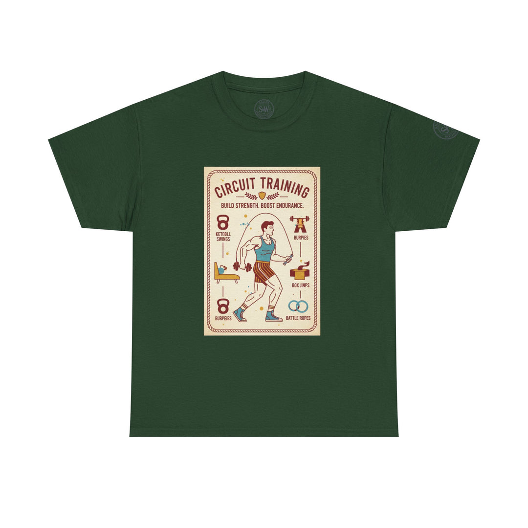 Forest green t-shirt by S&amp;W Gallus featuring a retro-style exercise circuit training graphic on the front.
