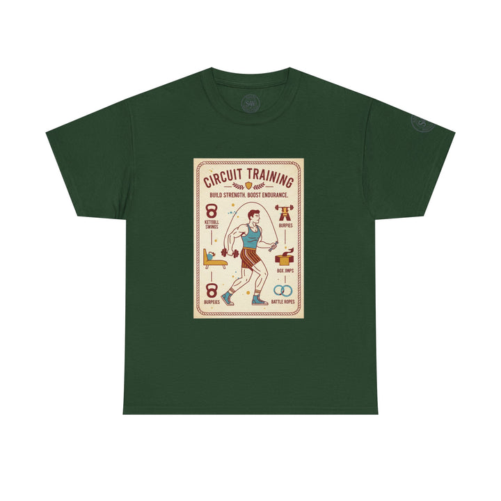 Forest green t-shirt by S&amp;W Gallus featuring a retro-style exercise circuit training graphic on the front.
