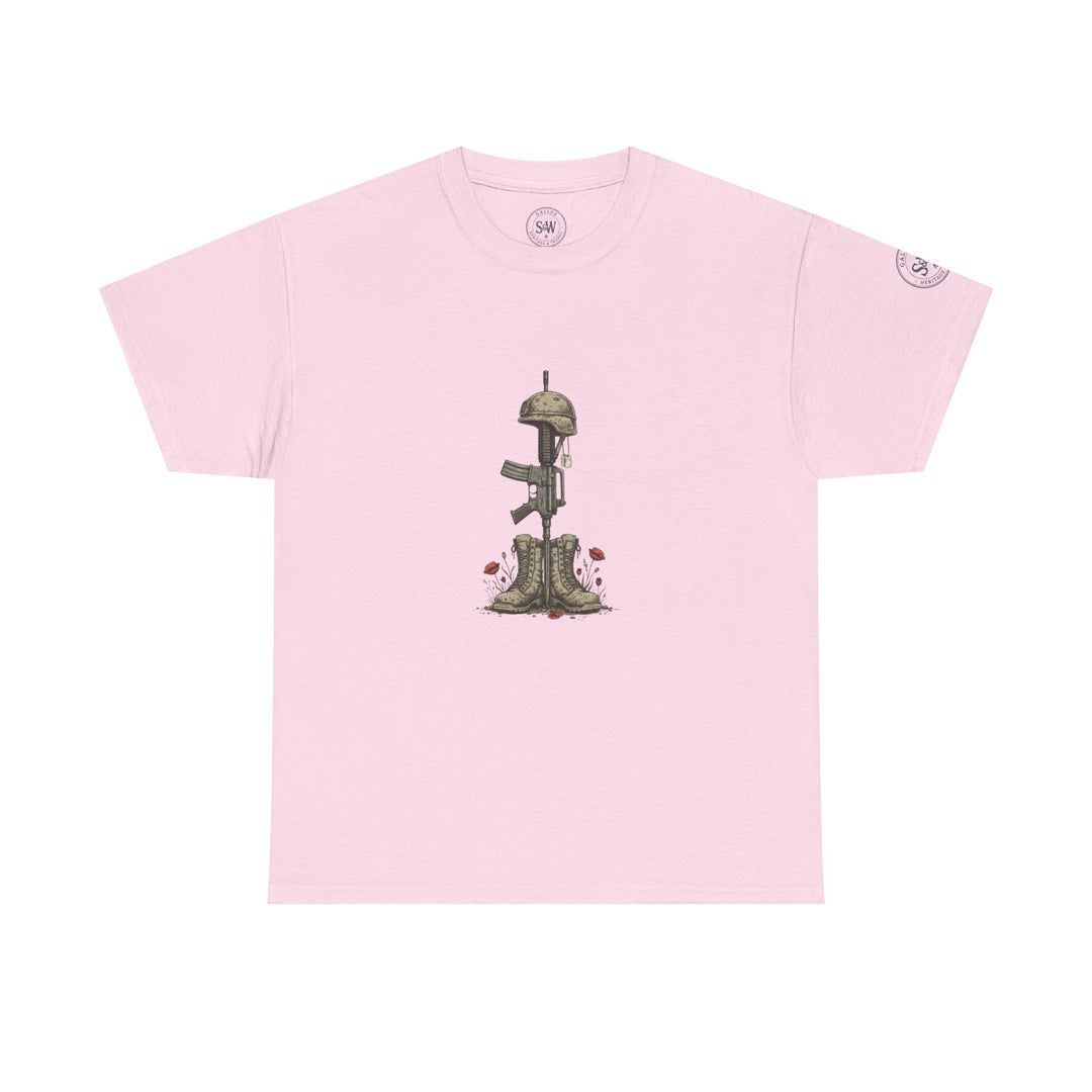 Pink t-shirt by S&amp;W Gallus featuring a military memorial graphic of a helmet, rifle, boots, and poppies.