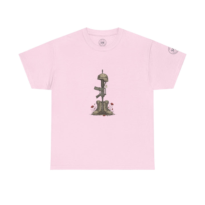 Pink t-shirt by S&amp;W Gallus featuring a military memorial graphic of a helmet, rifle, boots, and poppies.