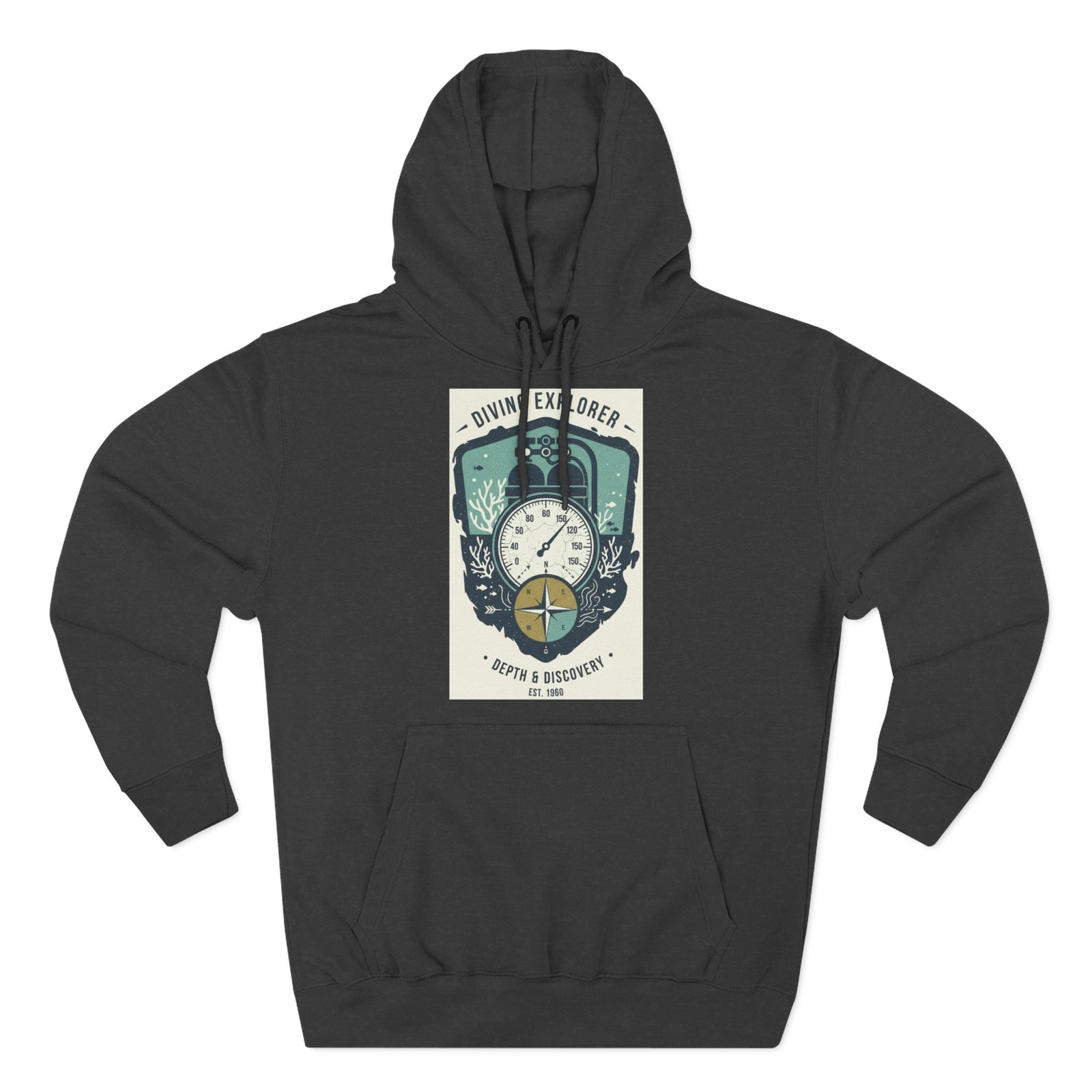 Charcoal grey hoodie by S&W Gallus featuring a diving explorer compass graphic on the front.