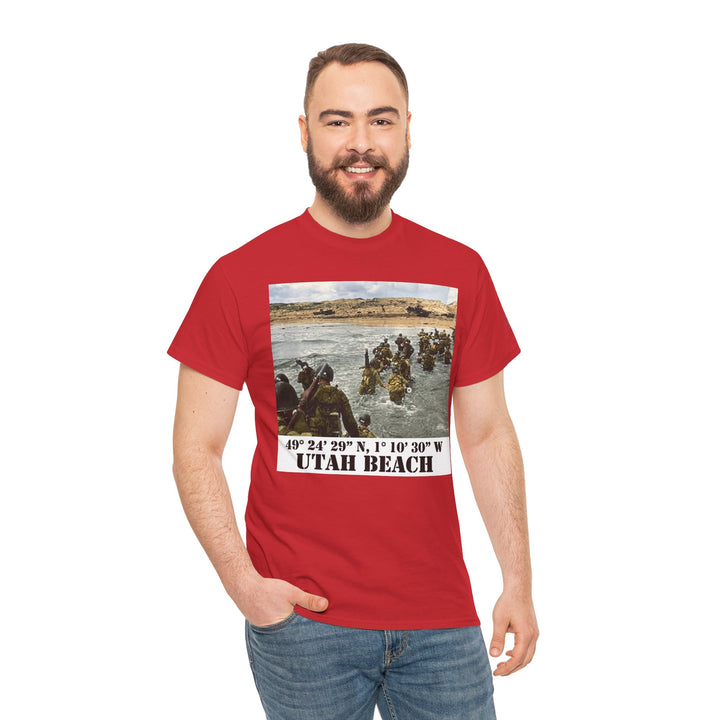 Red t-shirt by Veteran owned, displaying the Utah Beach D-Day landing, worn with jeans.