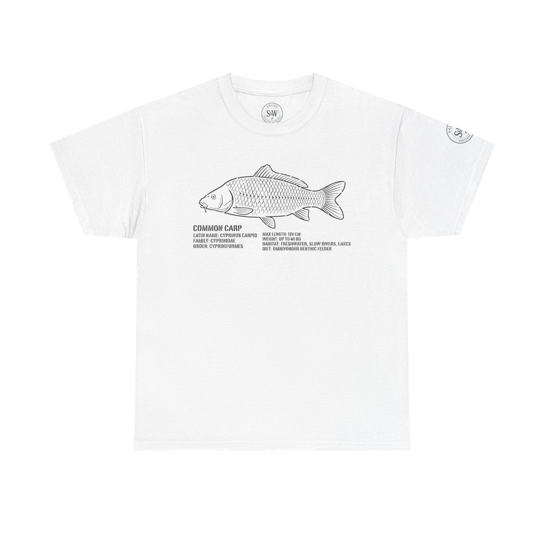 White Common Carp illustration t-shirt by S&amp;W Gallus featuring species facts, shown flat.
