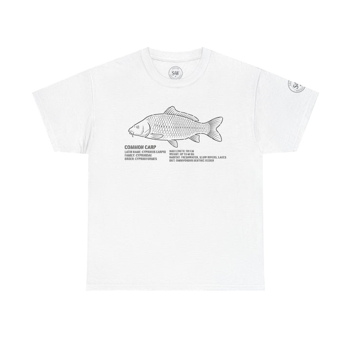 White Common Carp illustration t-shirt by S&amp;W Gallus featuring species facts, shown flat.