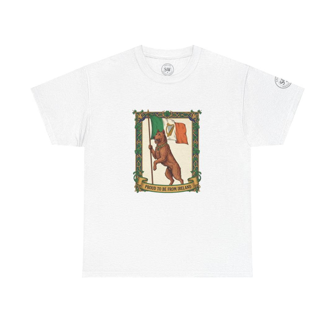 White t-shirt by S&amp;W Gallus, featuring an Irish flag and bear graphic.