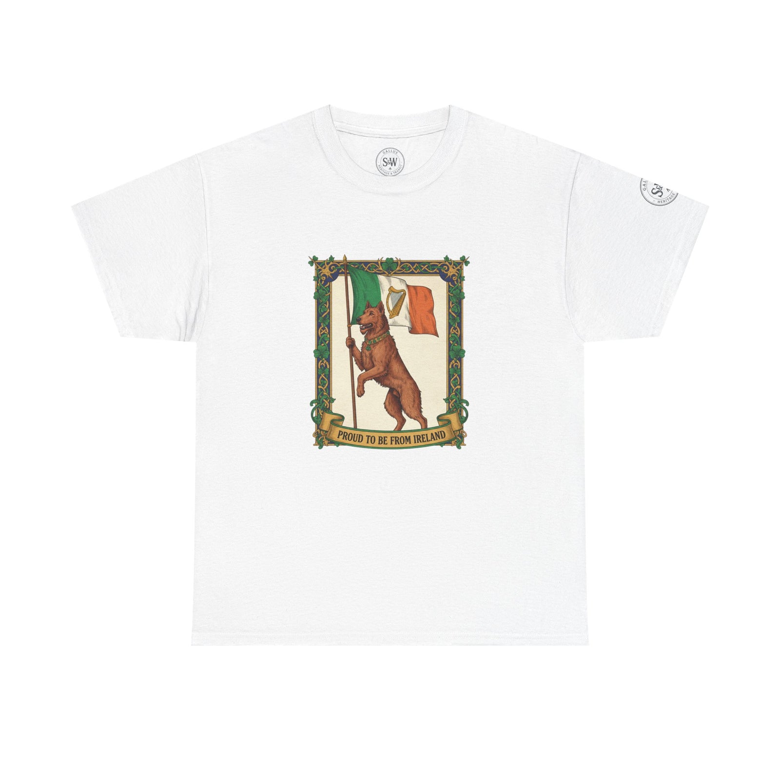 White t-shirt by S&W Gallus, featuring an Irish flag and bear graphic.