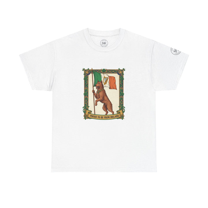 White t-shirt by S&amp;W Gallus, featuring an Irish flag and bear graphic.