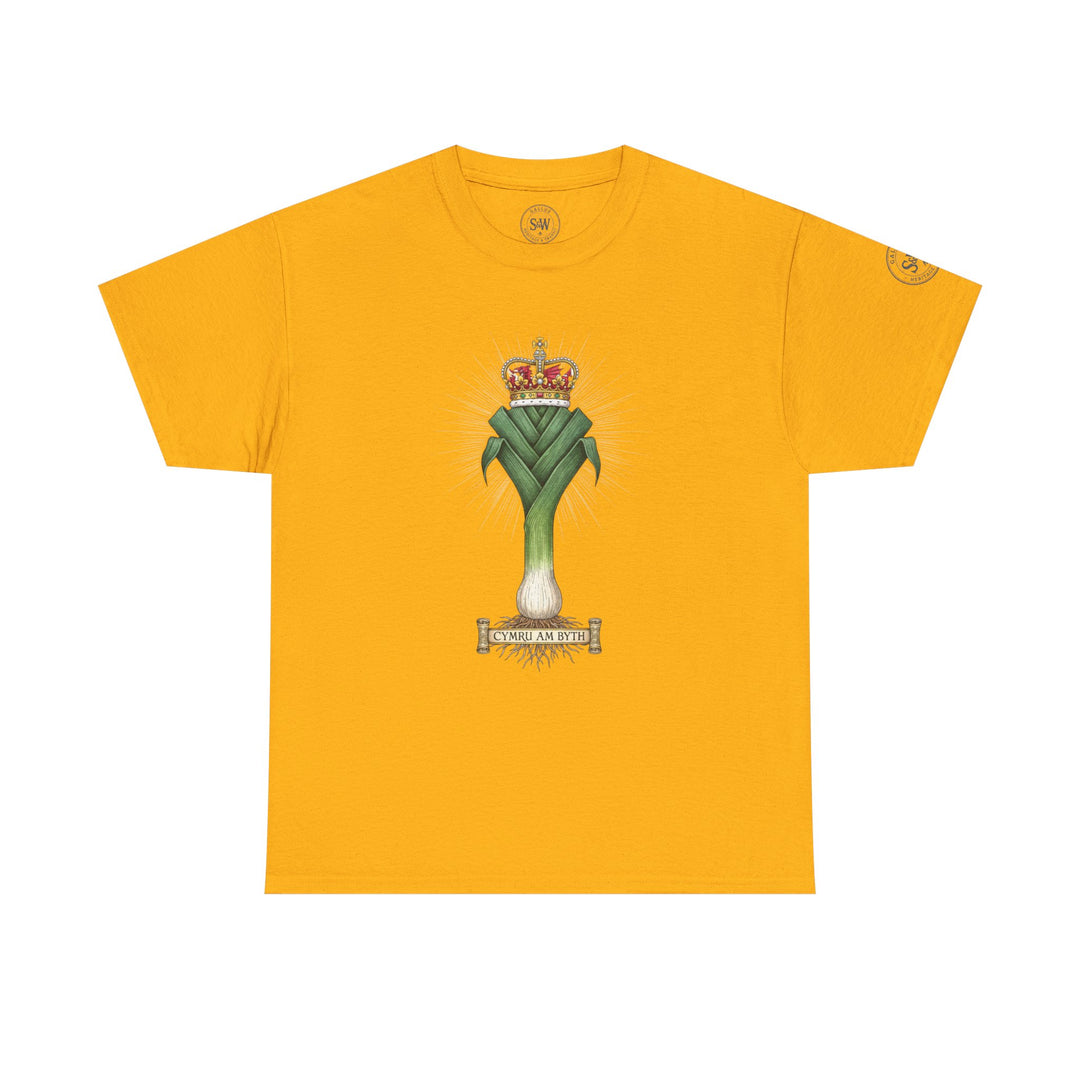 Mustard yellow t-shirt by S&amp;W Gallus with a leek and crown crest design centered on the chest.