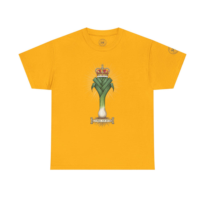 Mustard yellow t-shirt by S&amp;W Gallus with a leek and crown crest design centered on the chest.