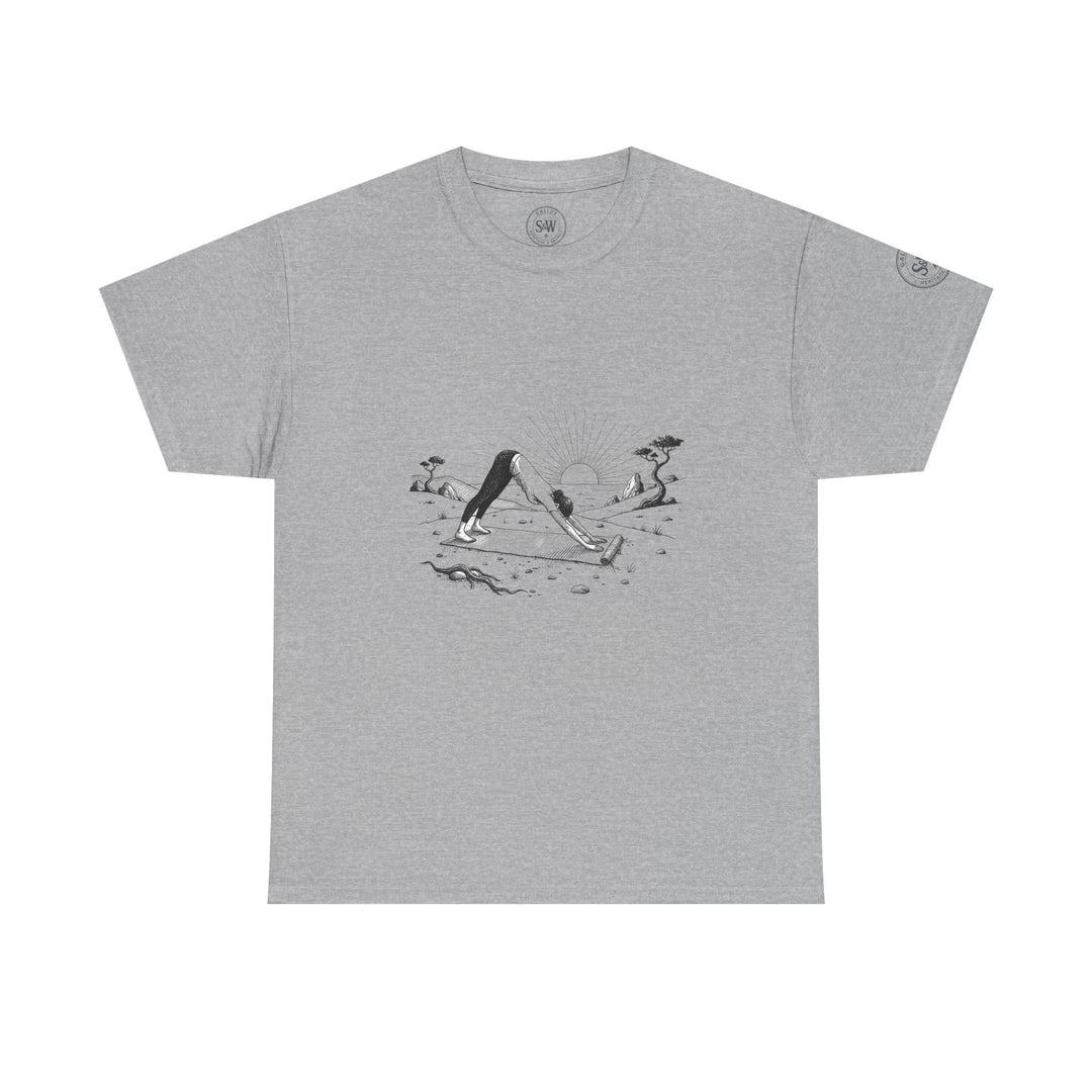 Gray t-shirt by S&amp;W Gallus featuring a beach sunset yoga pose graphic on the front.