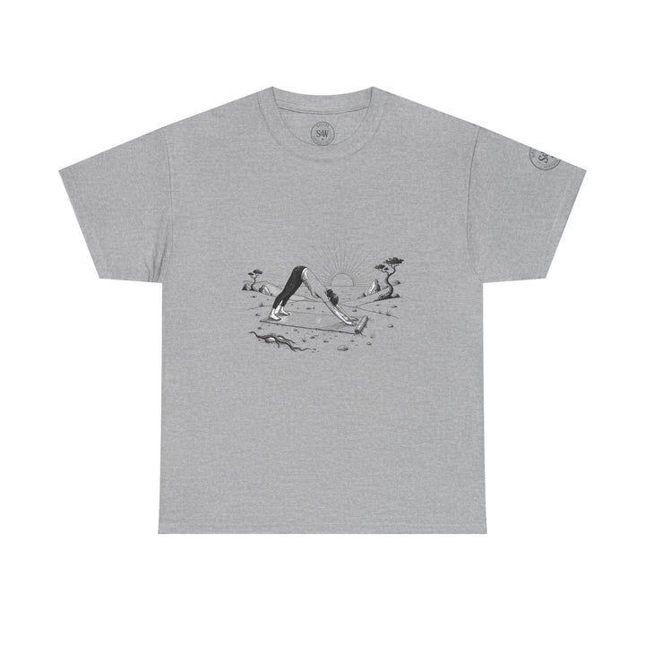 Gray t-shirt by S&amp;W Gallus featuring a beach sunset yoga pose graphic on the front.