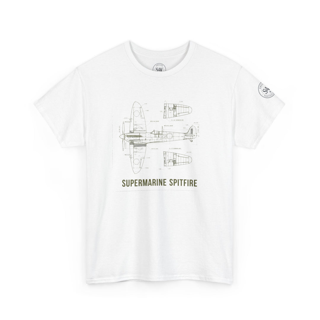 White Spitfire blueprint t-shirt by S&amp;W Gallus with a technical drawing graphic and design details.