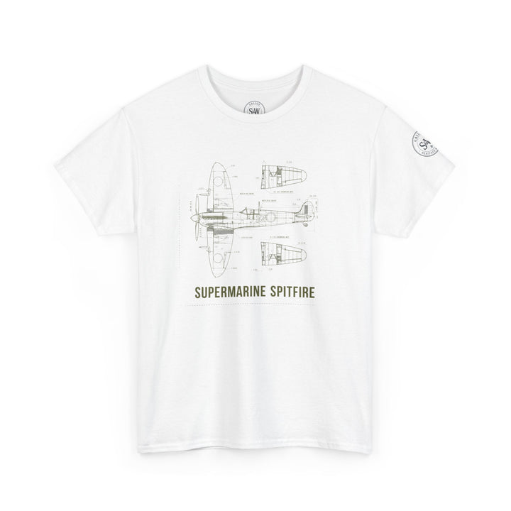White Spitfire blueprint t-shirt by S&amp;W Gallus with a technical drawing graphic and design details.
