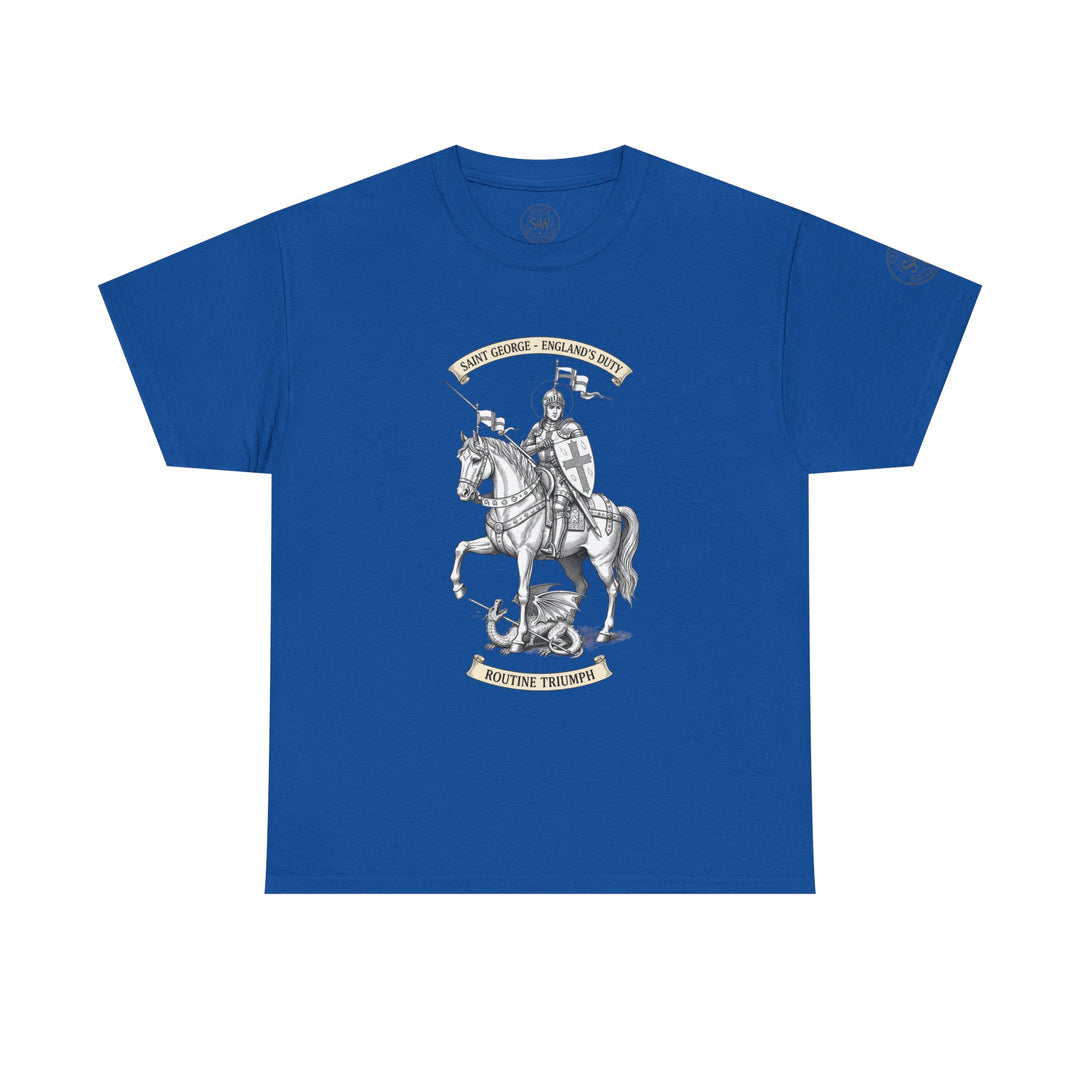 Blue tee by S&amp;W Gallus featuring a vintage St. George slaying the dragon graphic with scroll banners.
