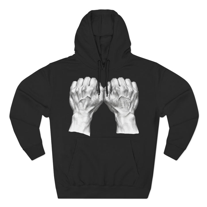 Black hoodie by S&amp;W Gallus featuring a drawing of two fists on the front.