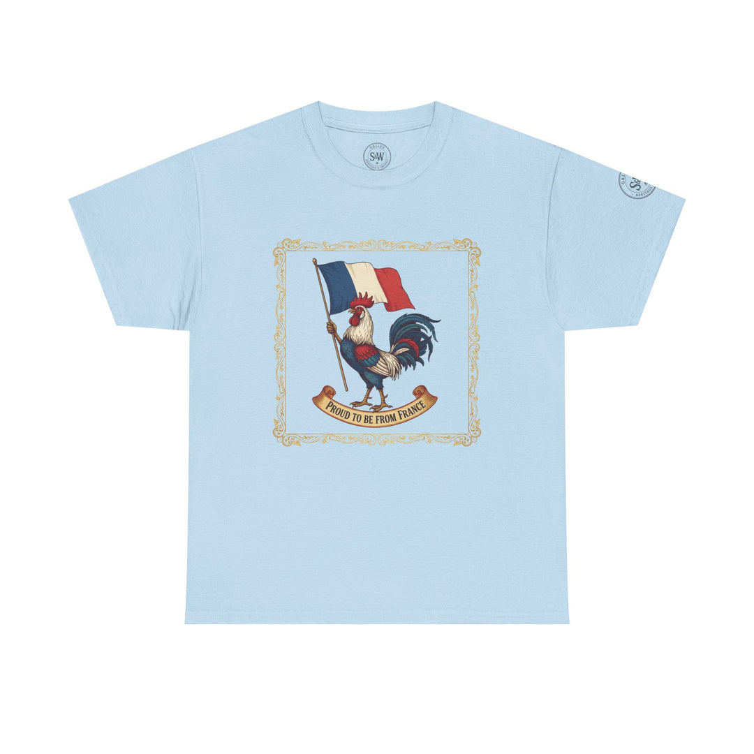 Light blue t-shirt by S&amp;W Gallus featuring a framed French flag and rooster graphic with "Proud to be From France" text.