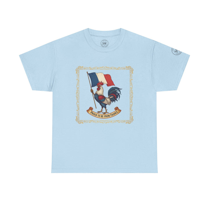 Light blue t-shirt by S&amp;W Gallus featuring a framed French flag and rooster graphic with "Proud to be From France" text.