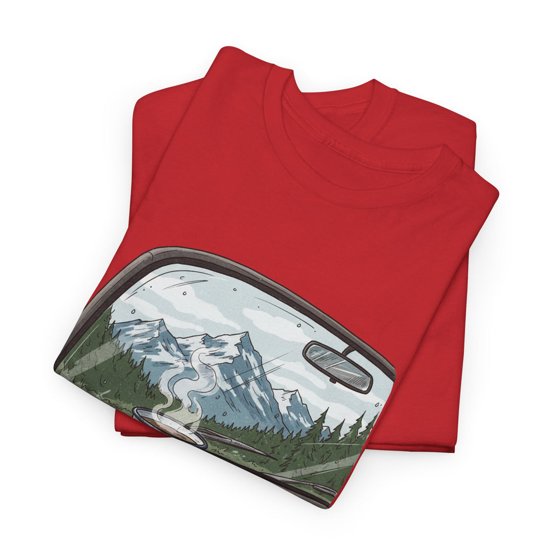 Van Roadtrip View T-Shirt featuring a scenic travel-inspired design. Soft cotton comfort perfect for van life, road trips, and outdoor adventures.