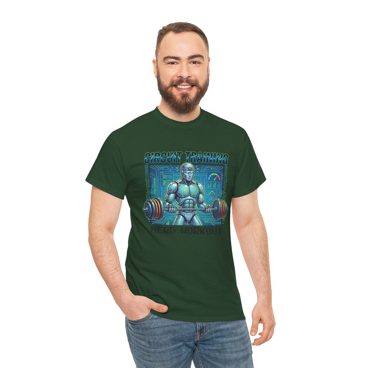 Dark green t-shirt from Veteran owned, featuring a robot lifting weights and circuit training text, worn with blue jeans.