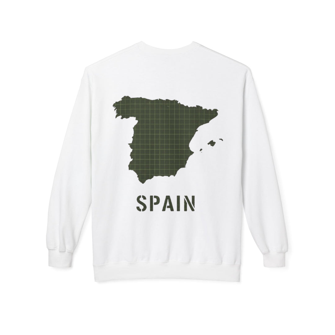 Spain Map Crewneck Sweatshirt — Military Green Grid Spain Graphic