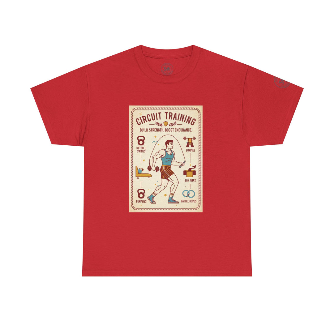 Red t-shirt by S&amp;W Gallus, featuring a "Circuit Training" graphic with illustrations of different workout exercises.
