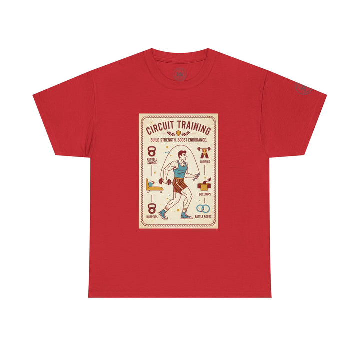 Red t-shirt by S&amp;W Gallus, featuring a "Circuit Training" graphic with illustrations of different workout exercises.
